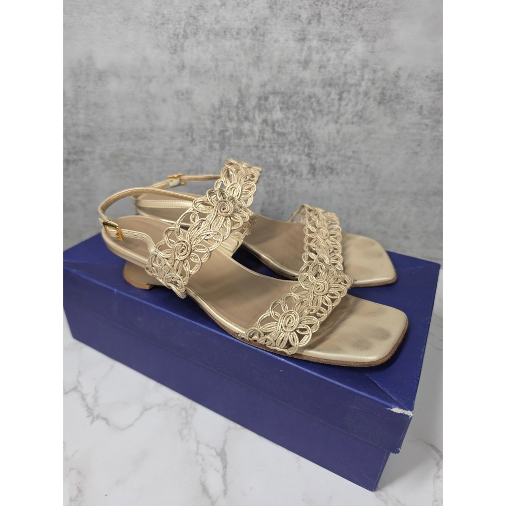 Stuart Weitzman Vintage Abloom Sand Metal Madras Gold Macrame Wedge Sandals 6M
